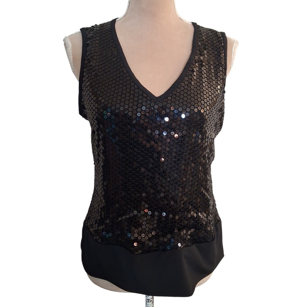 Worthington Petite Womens Black Sequin V-Neck Sleeveless Tank Top Large Petite